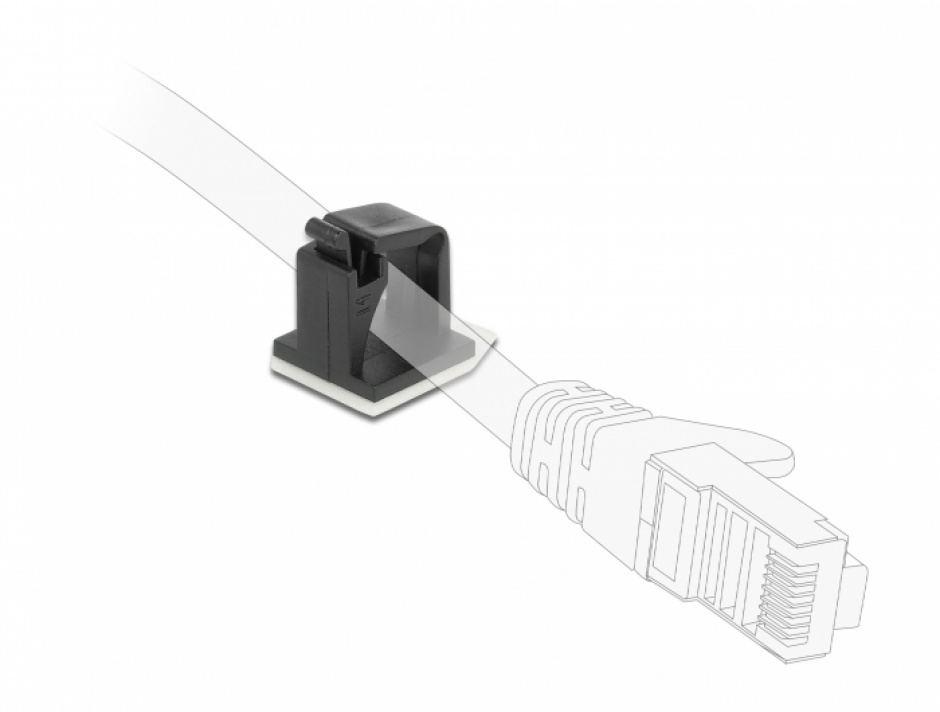 Imagine Set 10 buc suport pentru cablu cu clips adeziv Negru, Delock 60247